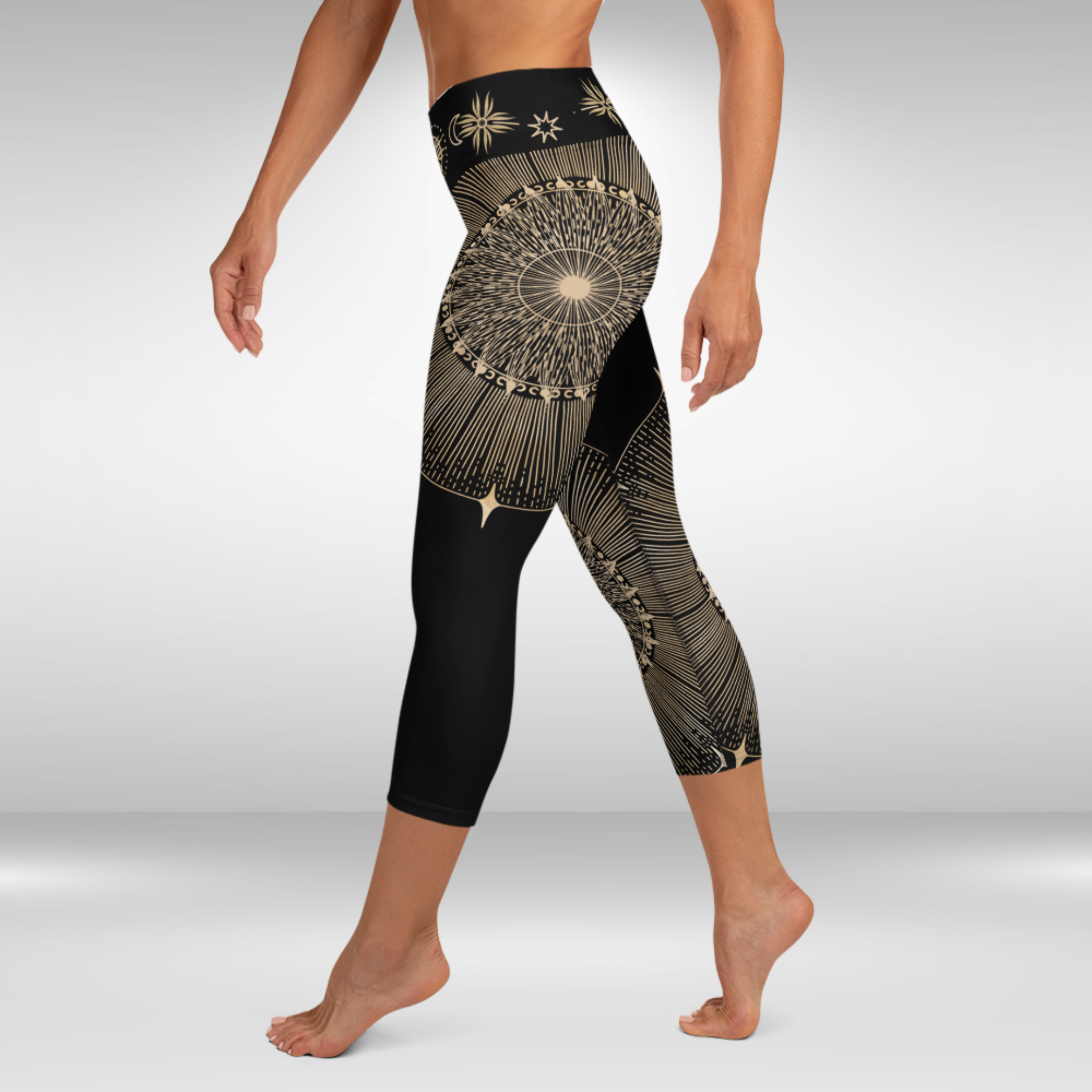 Women Yoga Capri Legging - Gold Sun Mandala Print