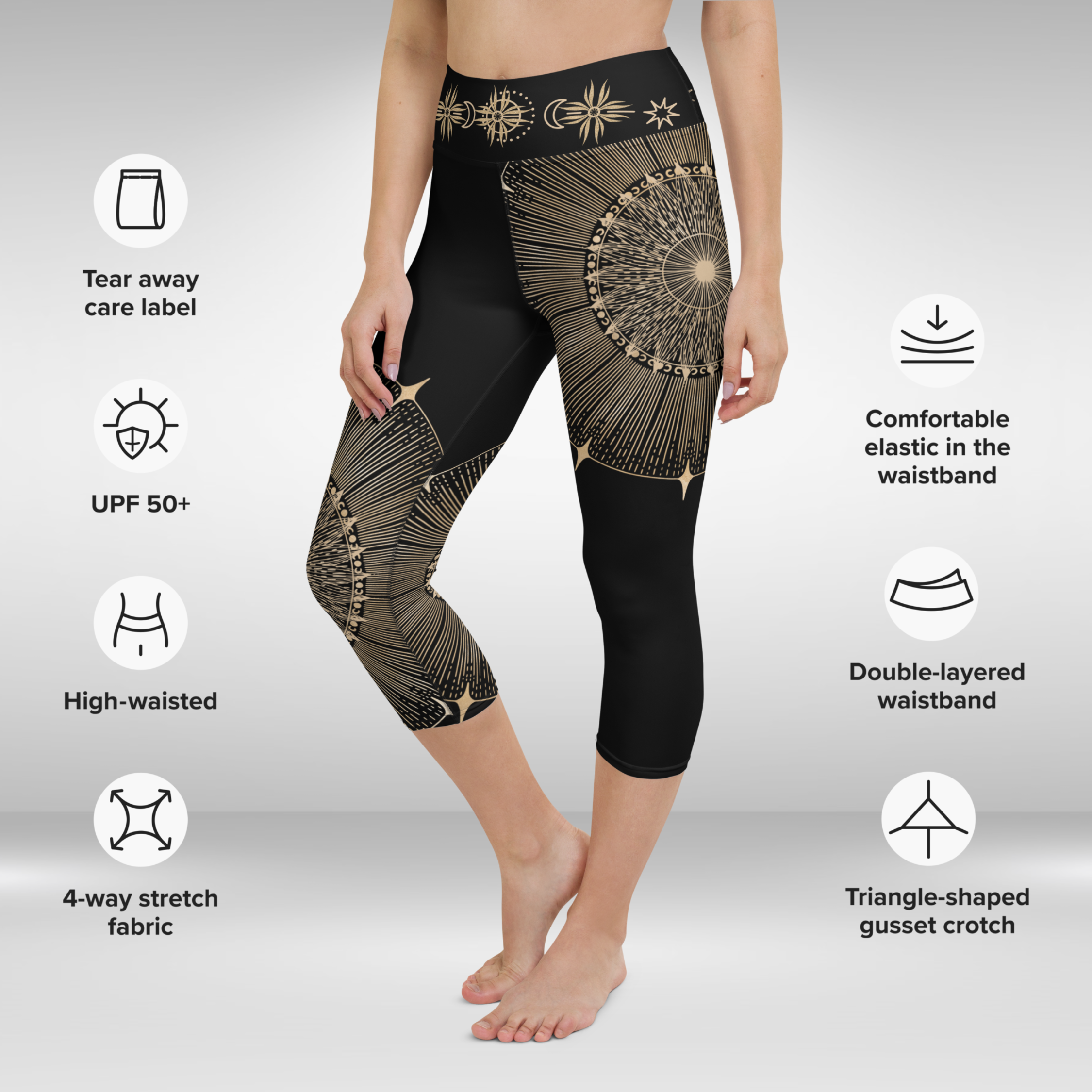 Women Yoga Capri Legging - Gold Sun Mandala Print