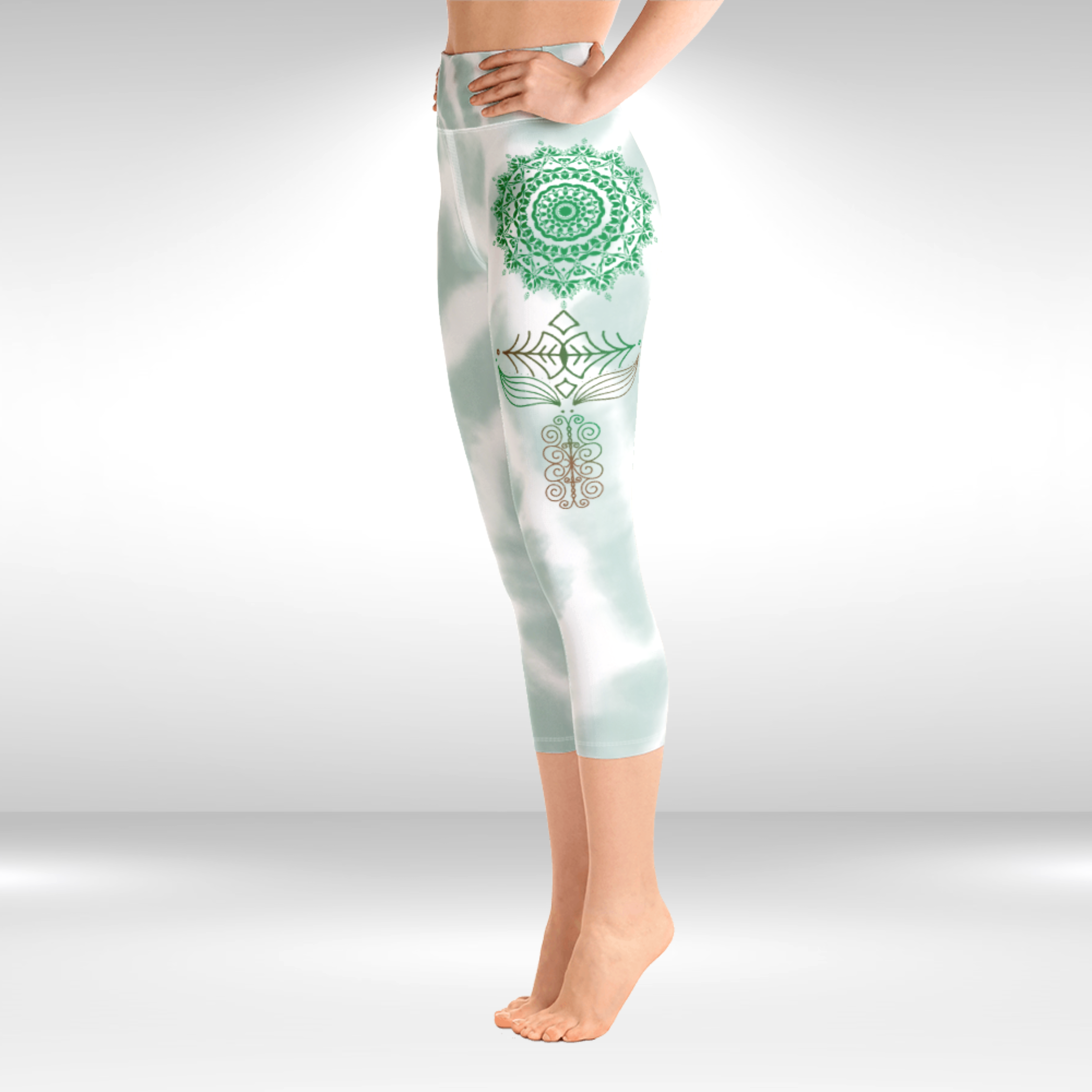 Women Yoga Capri Legging - Green Tie Dye Mandala Print