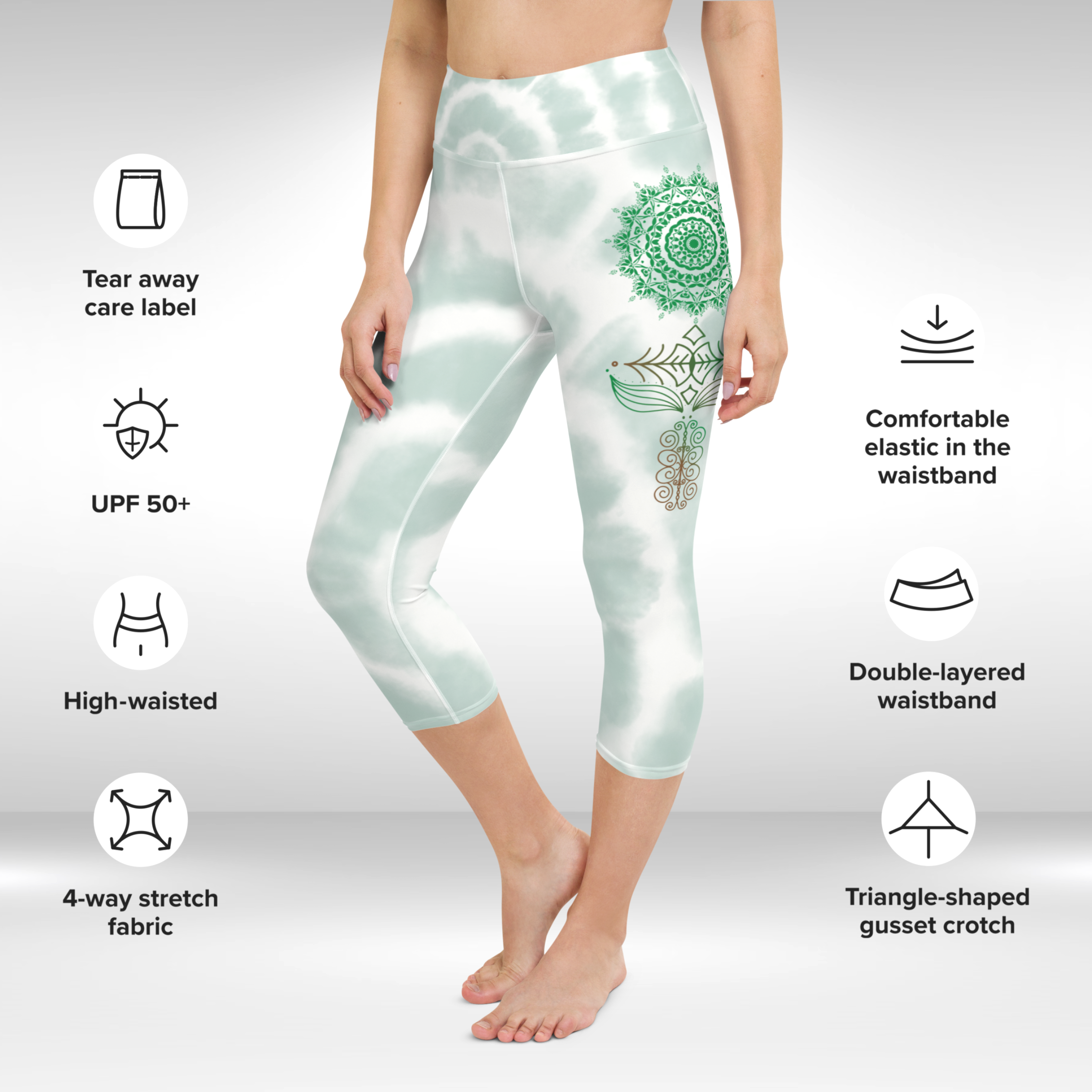 Women Yoga Capri Legging - Green Tie Dye Mandala Print