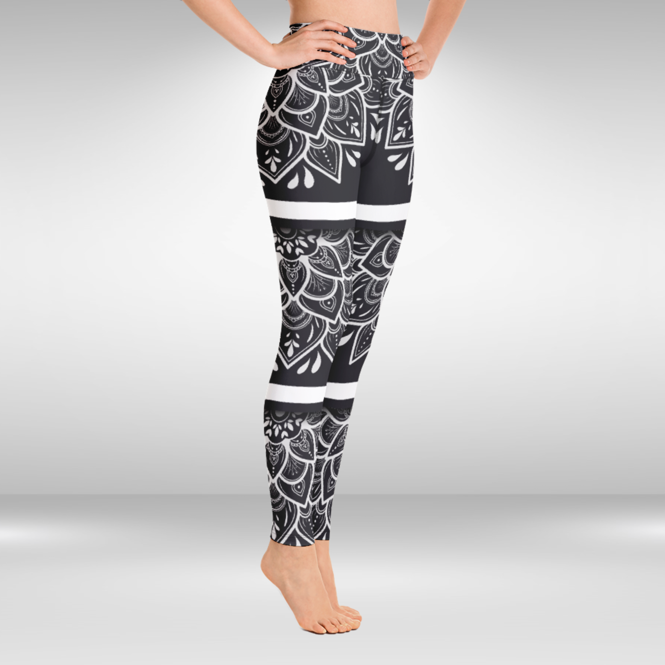 Women Yoga Legging - White Floral Mandala Print