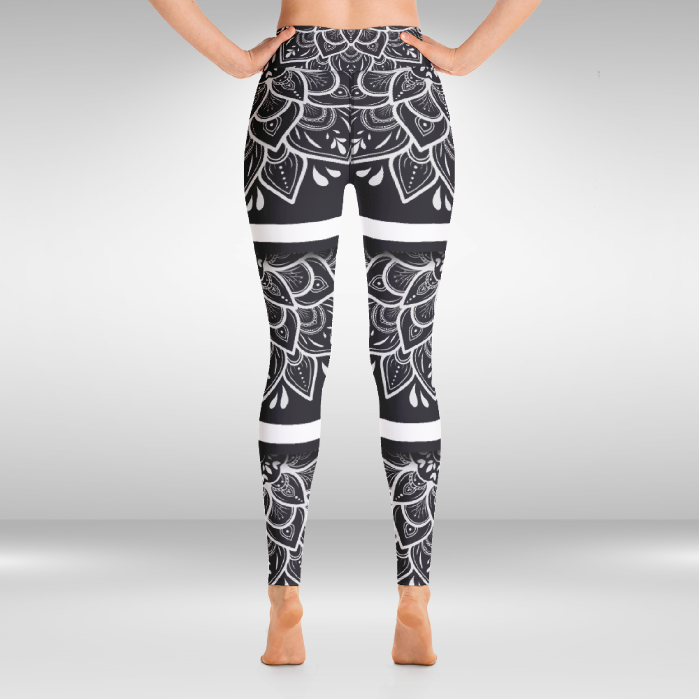 Women Yoga Legging - White Floral Mandala Print