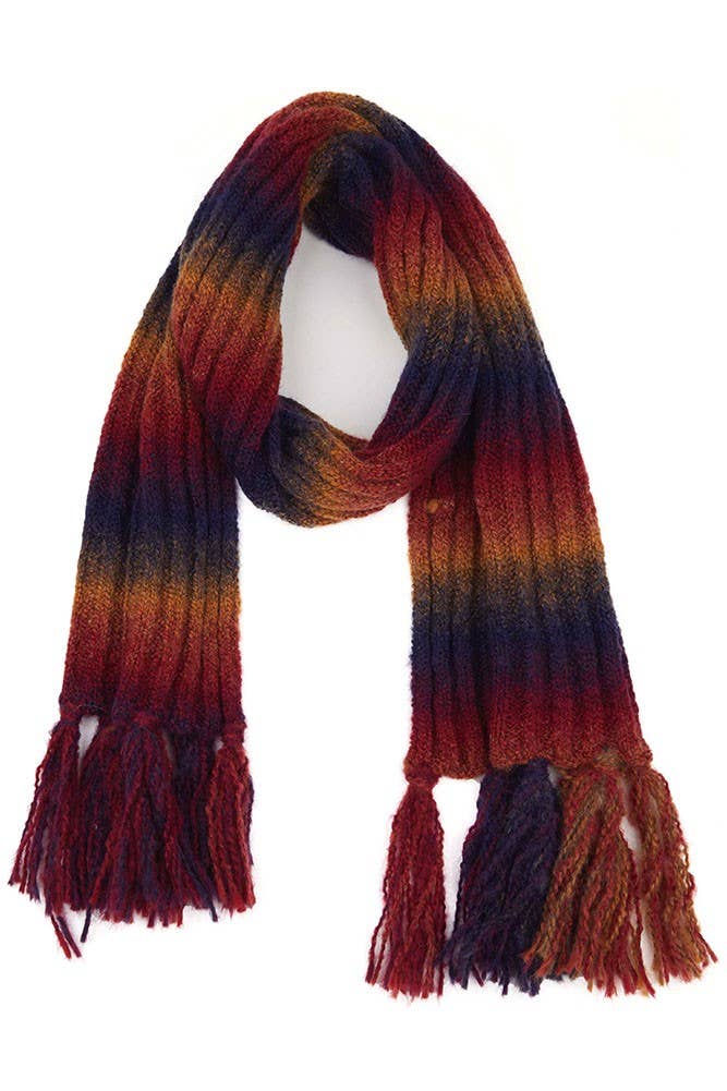  C.C Ombre Knit Scarf with Fringe: Burgundy/Camel 