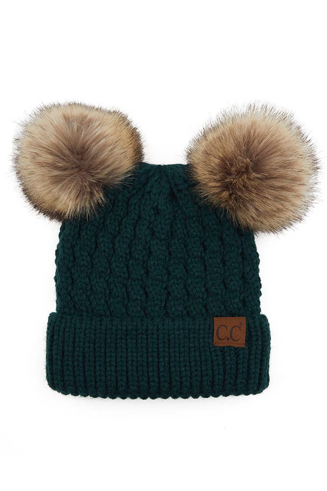  C.C Double Pom Pom All Over Cable Knit Beanie 