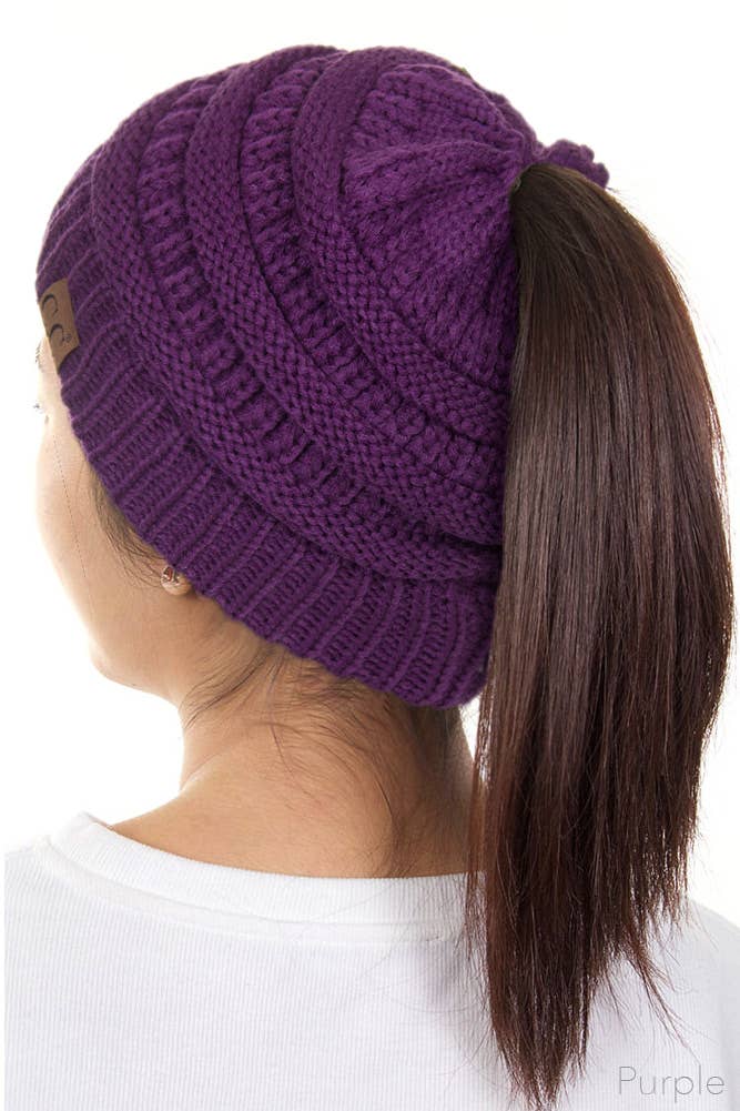  C.C Solid Color Ponytail Messy Bun Beanie: Purple 