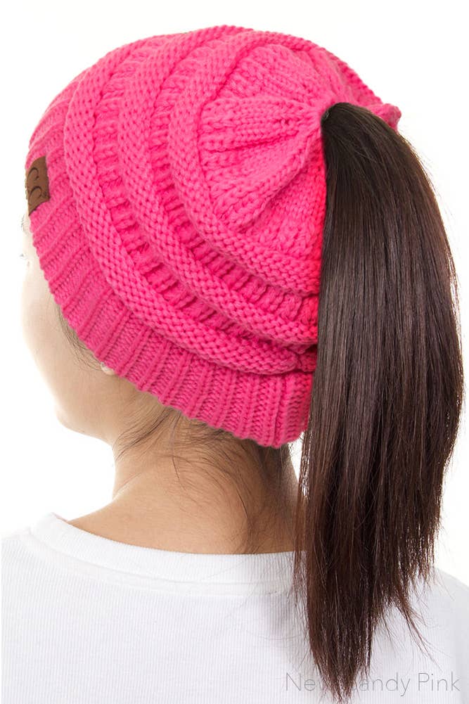  C.C Solid Color Ponytail Messy Bun Beanie: New Candy Pink 