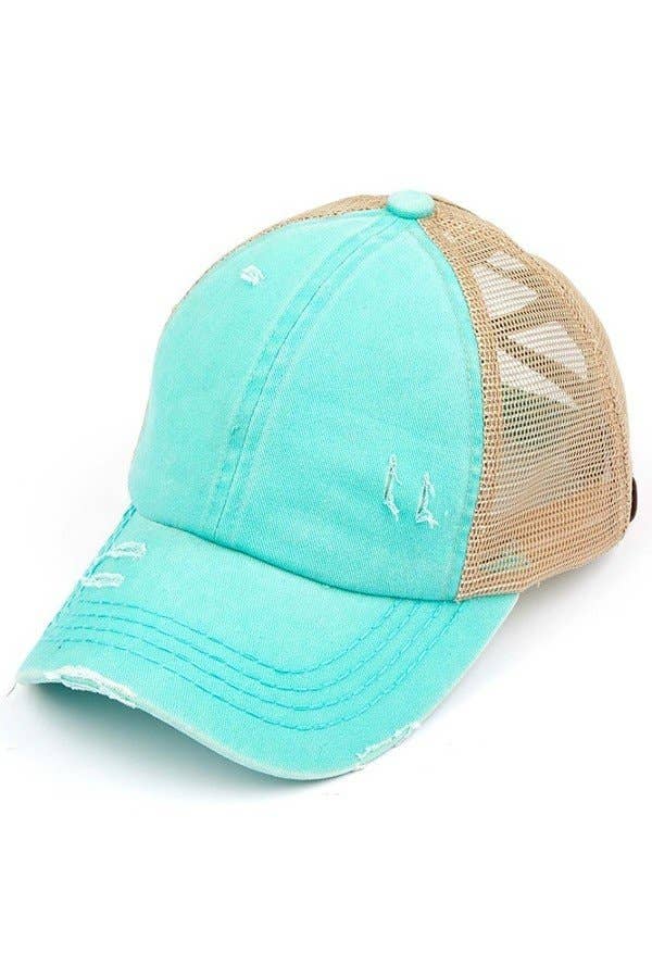  C.C Washed Denim with Crossed Elastic Band Mesh Pony Cap 