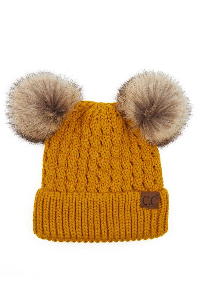  C.C Double Pom Pom All Over Cable Knit Beanie 