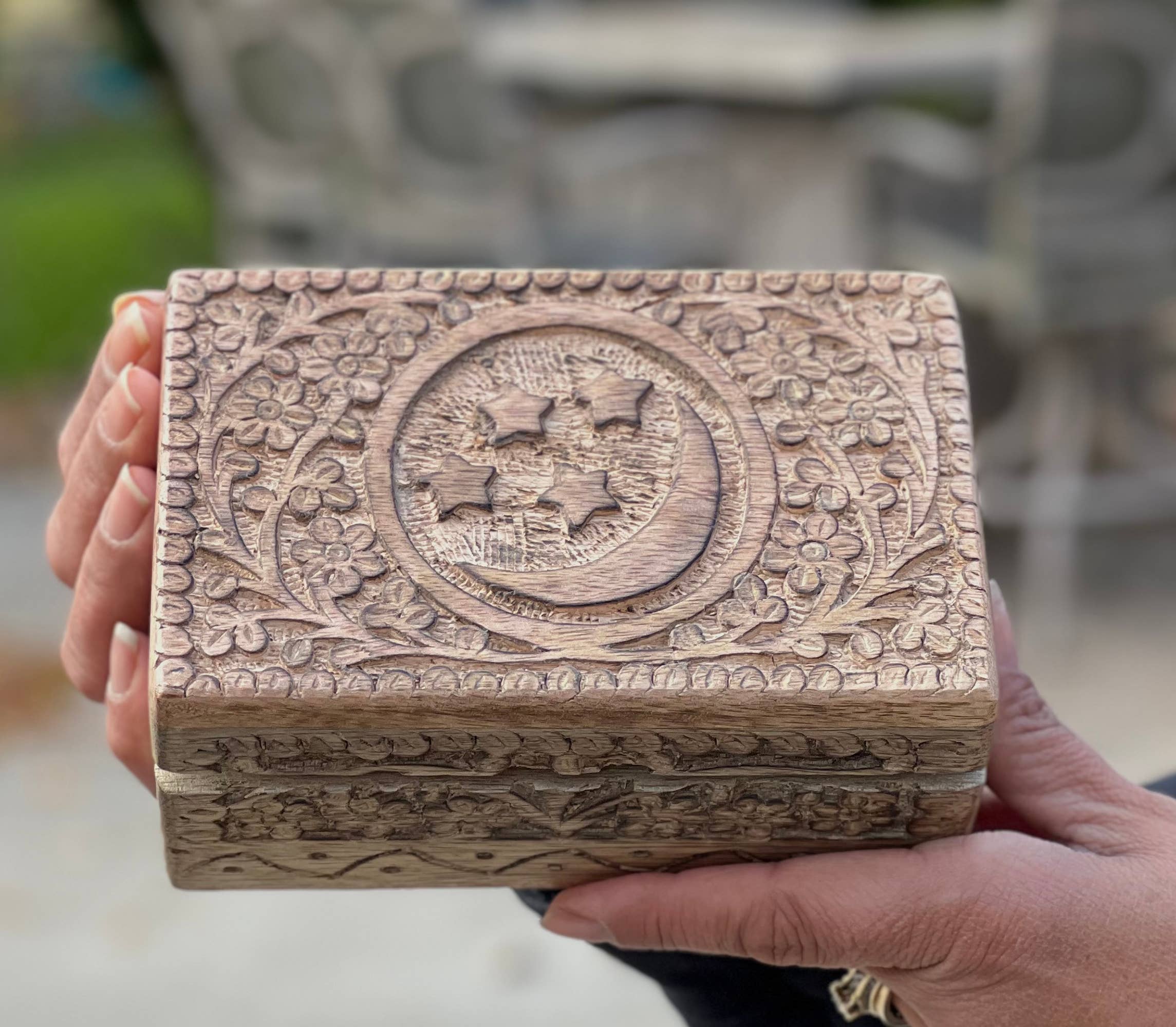  Celestial Moon and Stars Hand Carved Wooden Box 