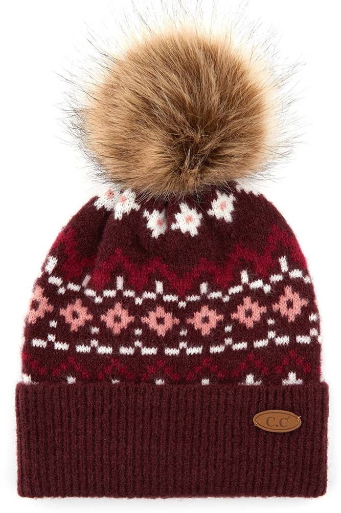  C.C Geo Ethnic Pattern Beanie With Pom-Hat-7011 