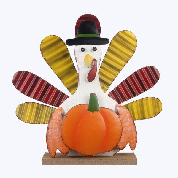  Metal Turkey with Pumpkin Tabletop Decor 