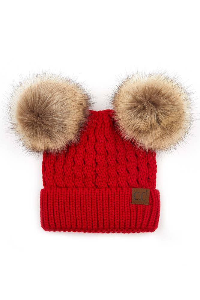  C.C Double Pom Pom All Over Cable Knit Beanie 