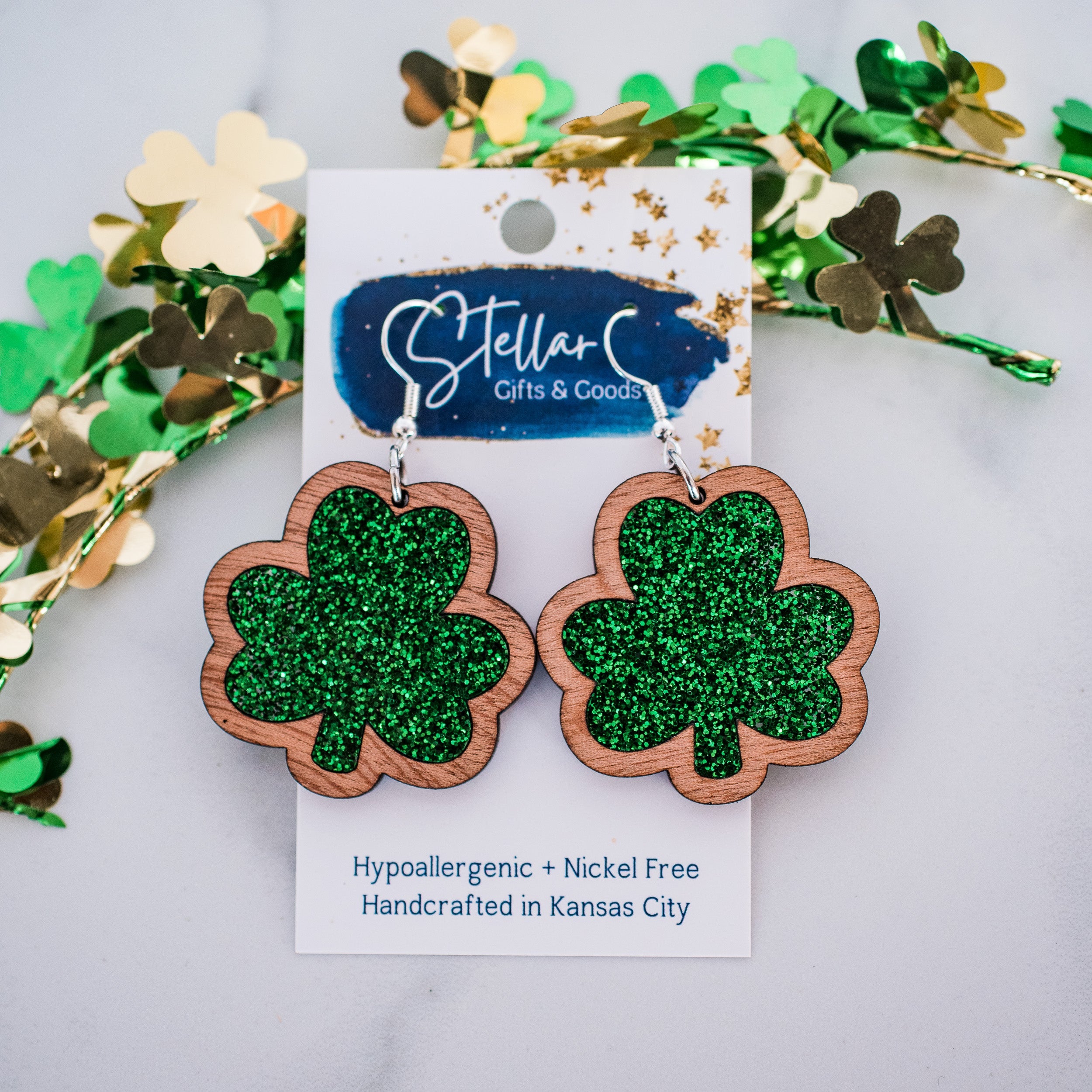  Green Glitter Shamrock Inset Dangles 