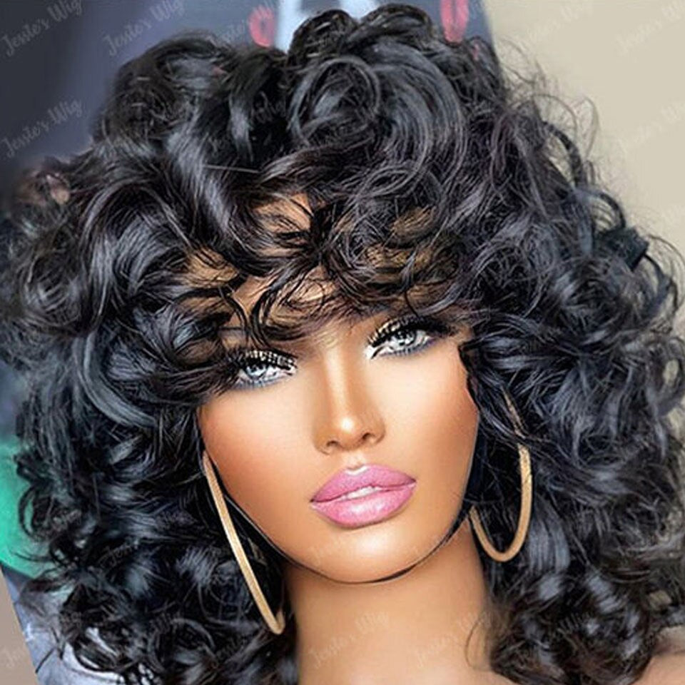 Bouncy Curly Human Hair Bob Wigs  Brazilian Funmi Curly Glueless Wig Machine Made Wig with Bangs