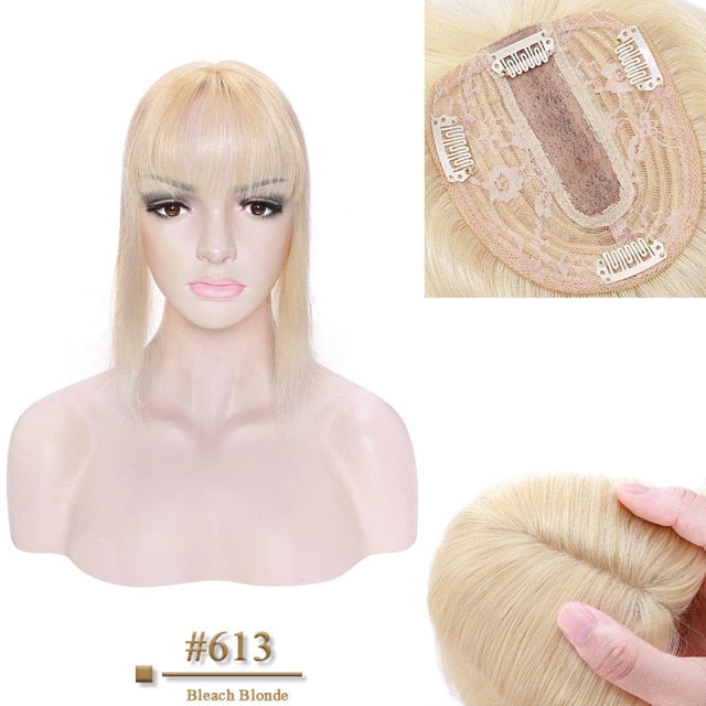 100% Human Hair Toppers 10x12cm, 2.5x9cm Silk Base Natural Hair With Bangs