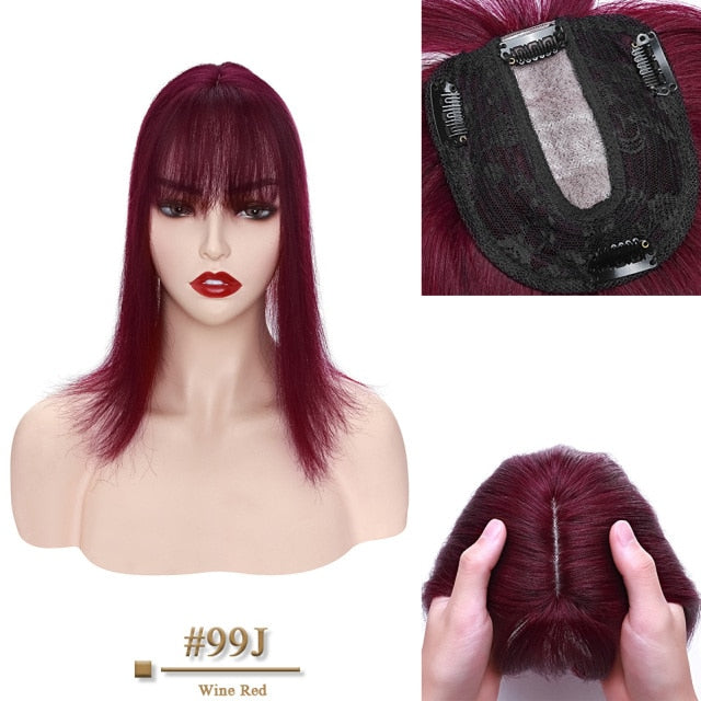 100% Human Hair Toppers 10x12cm, 2.5x9cm Silk Base Natural Hair With Bangs