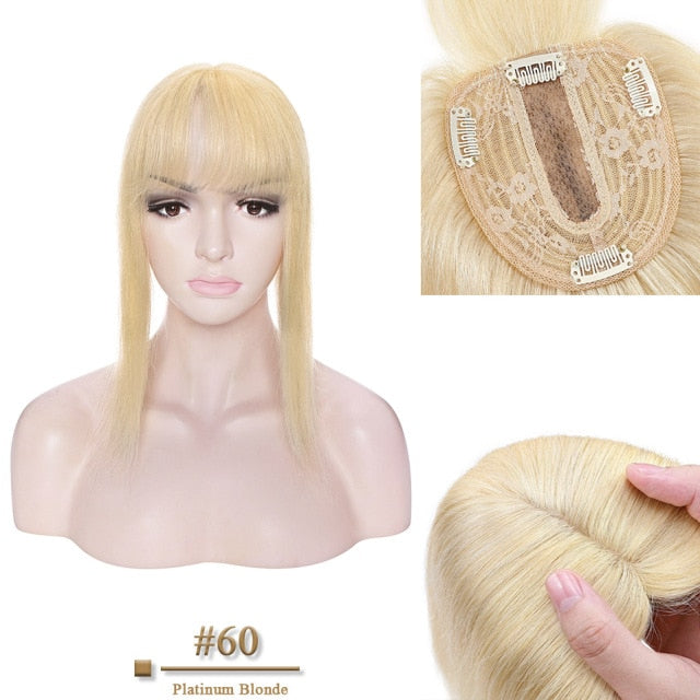 100% Human Hair Toppers 10x12cm, 2.5x9cm Silk Base Natural Hair With Bangs