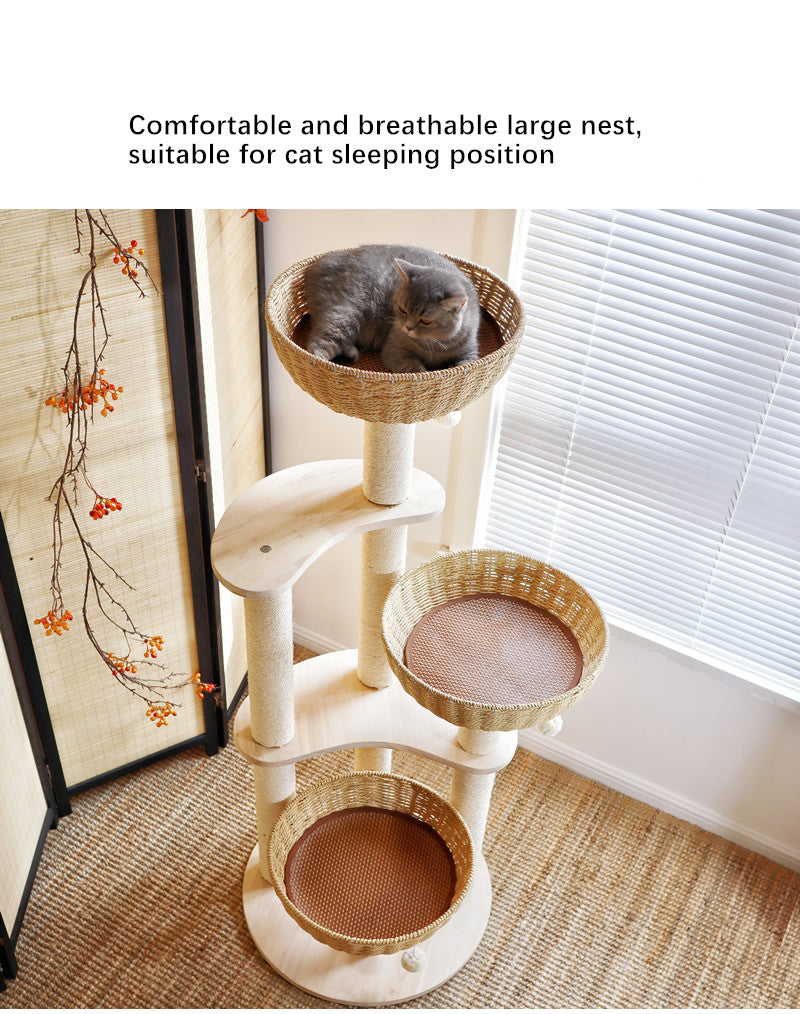 Rattan Cat Tower Cat Scratching Tree for Multiple Cats