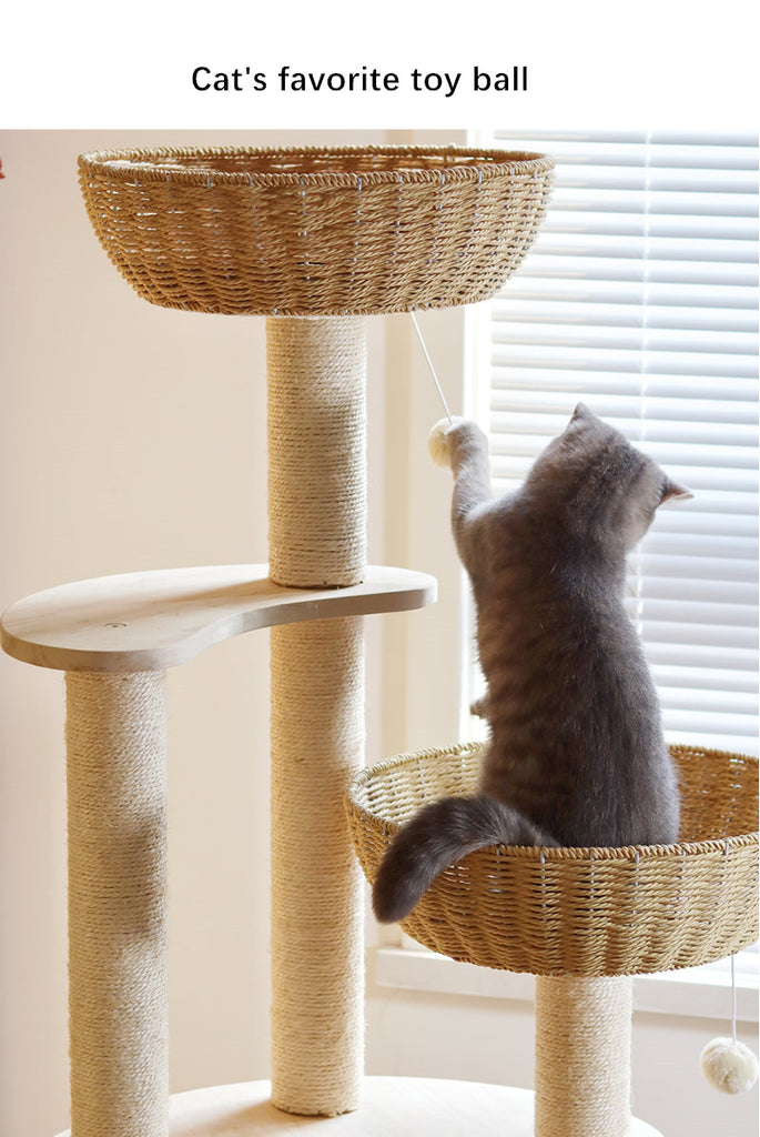 Rattan Cat Tower Cat Scratching Tree for Multiple Cats