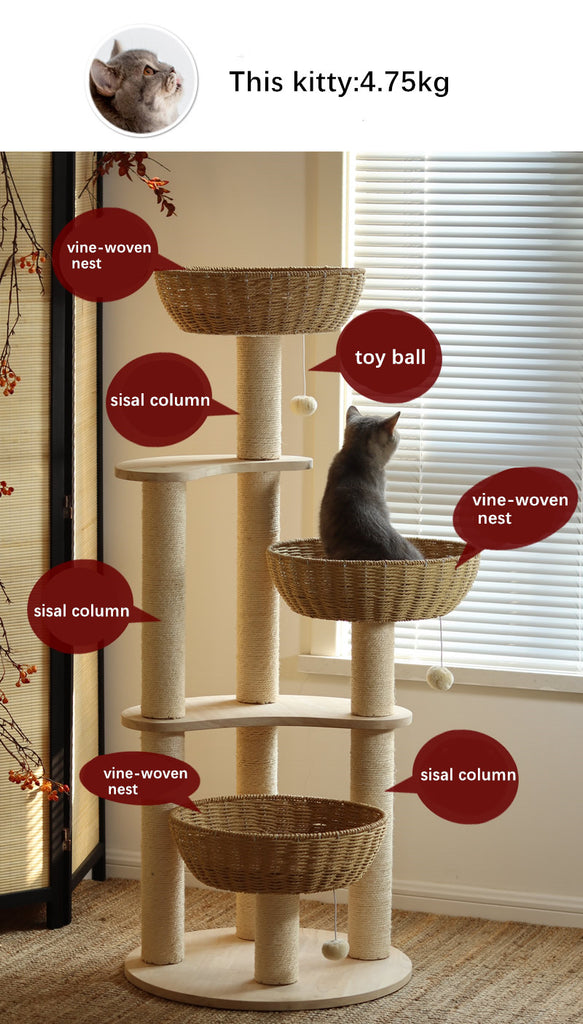 Rattan Cat Tower Cat Scratching Tree for Multiple Cats