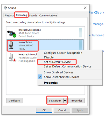 Set HS100 as the default microphone