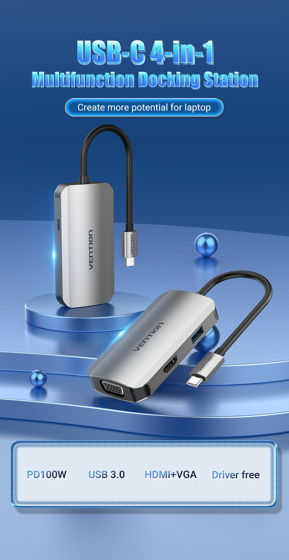 Vention USB C Multi-function 4 in 1 Docking Station USB-C to HDMI/VGA/USB 3.0/PD Docking Station 0.15M Gray Aluminum Alloy Type (TOAHB)