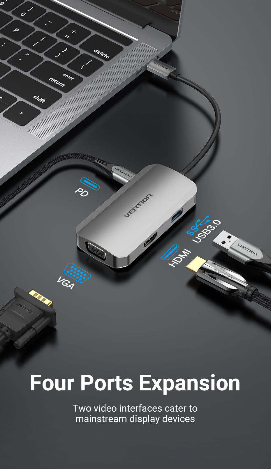 Vention USB C Multi-function 4 in 1 Docking Station USB-C to HDMI/VGA/USB 3.0/PD Docking Station 0.15M Gray Aluminum Alloy Type (TOAHB)