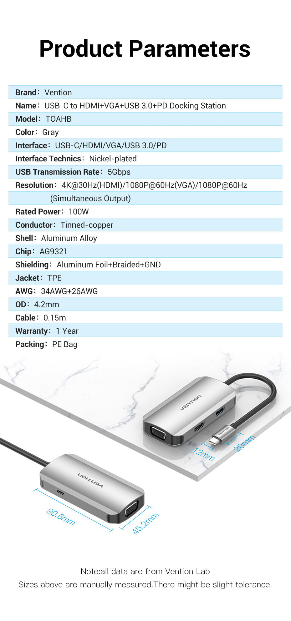 Vention USB C Multi-function 4 in 1 Docking Station USB-C to HDMI/VGA/USB 3.0/PD Docking Station 0.15M Gray Aluminum Alloy Type (TOAHB)