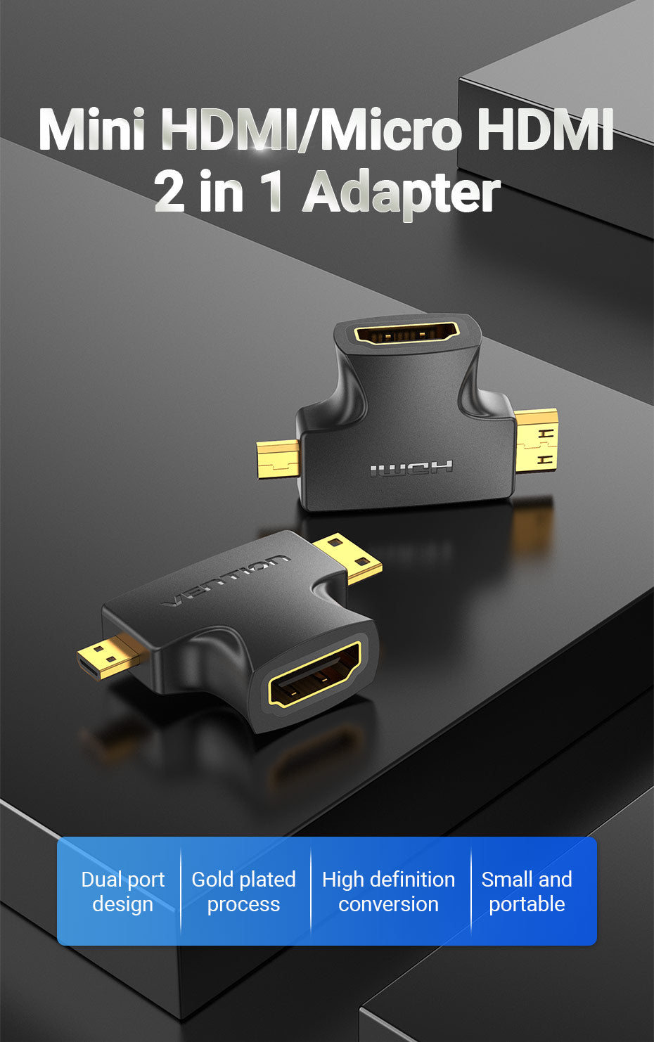 2 in 1 Mini HDMI and Micro HDMI Male to HDMI Female Adapter Black