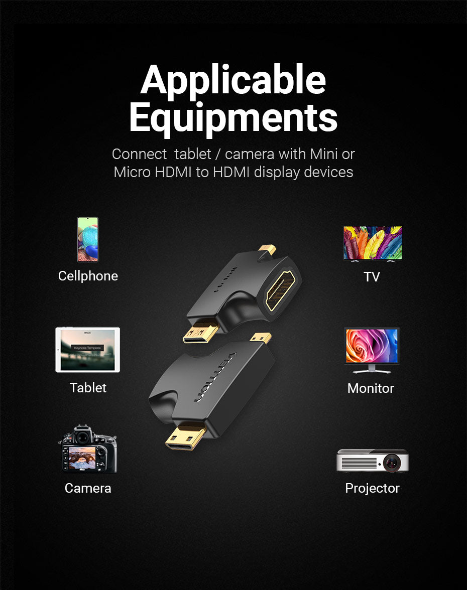 2 in 1 Mini HDMI and Micro HDMI Male to HDMI Female Adapter Black