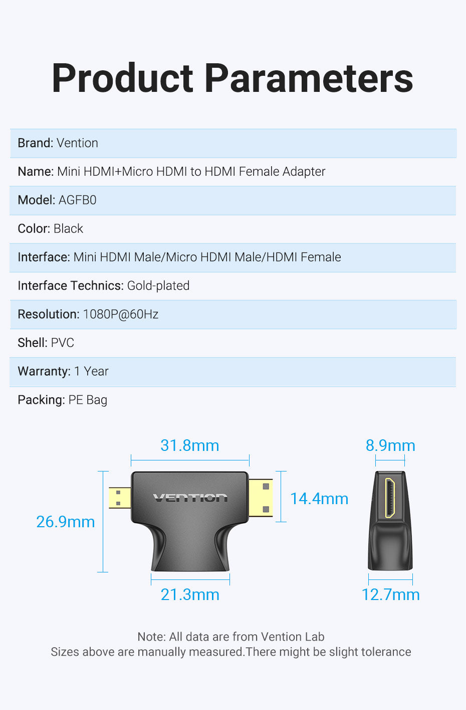 2 in 1 Mini HDMI and Micro HDMI Male to HDMI Female Adapter Black