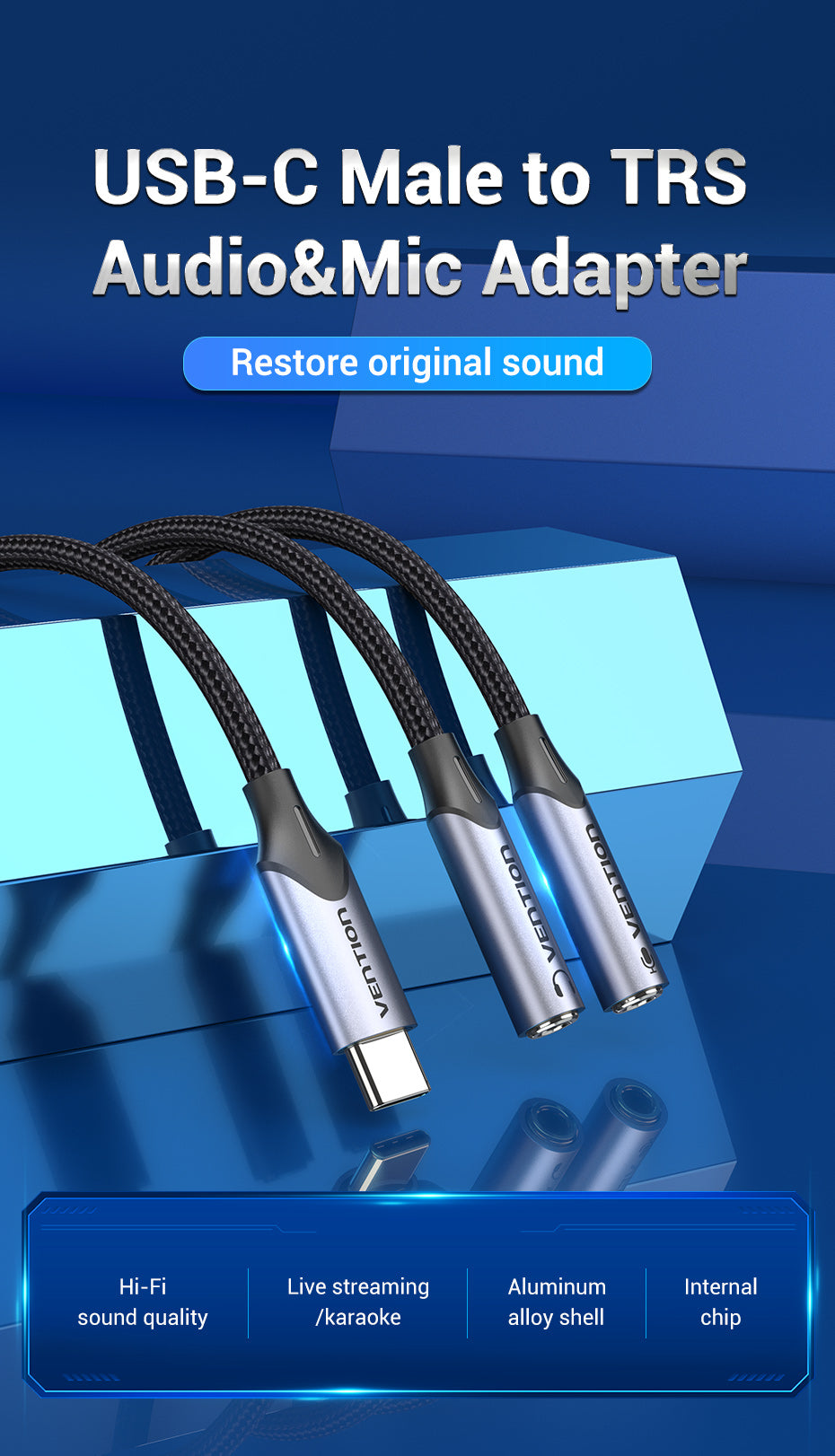 USBC-AC2, TRS Mic. to USB-C Stereo Audio Sound Card