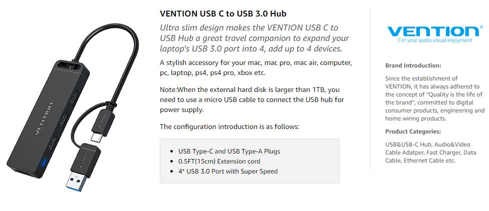 HUBBIES01B 3-Port USB 3.0/2.0 Cable Hub, USB-A 3.0 x 1, USB-A 2.0