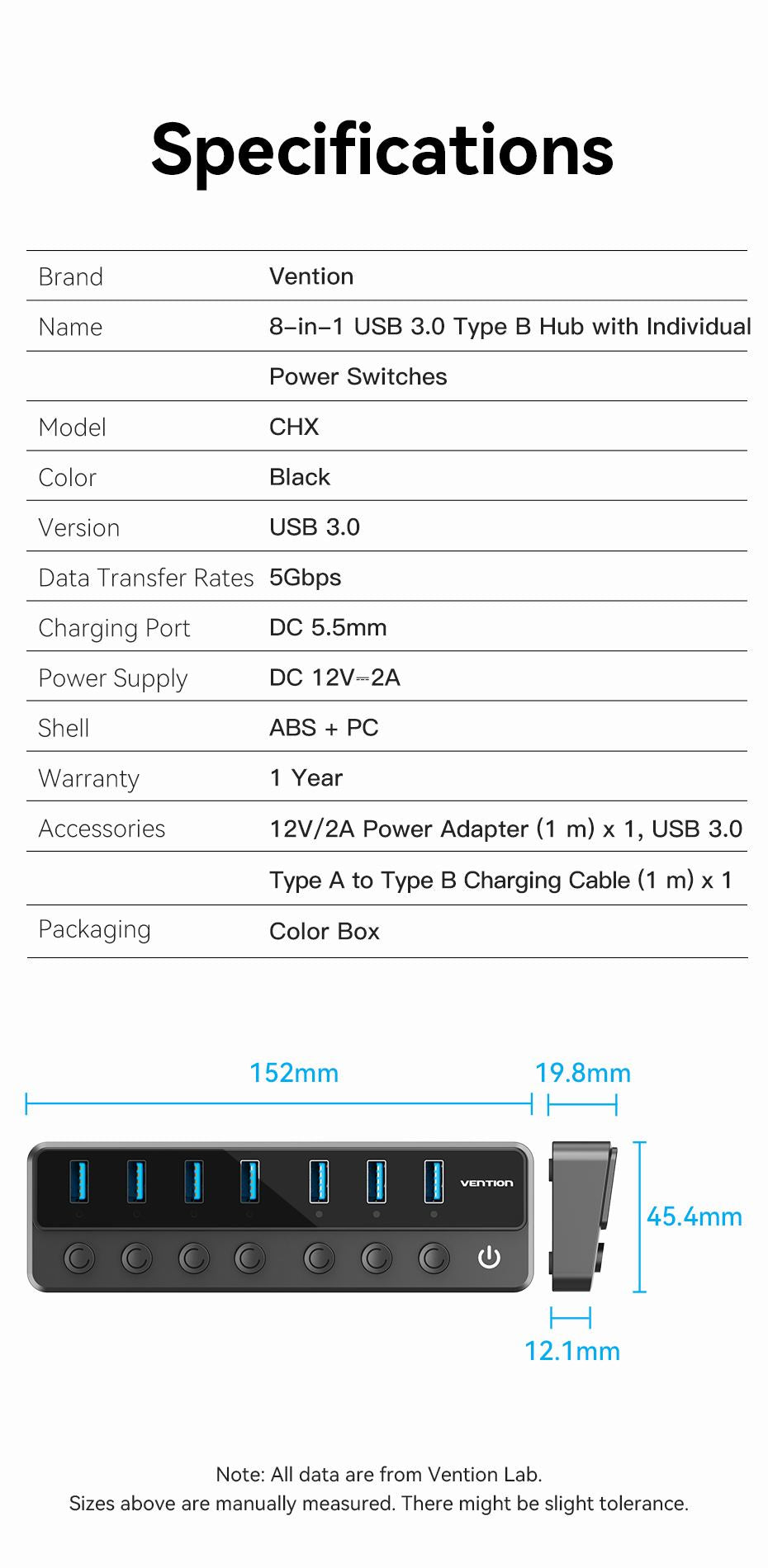 USB B 3.0 to USB 3.0 x7 Hub with Individual Power Switches and DC 5.5mm Power Adapter CN/UK/US/EU-Plug Black