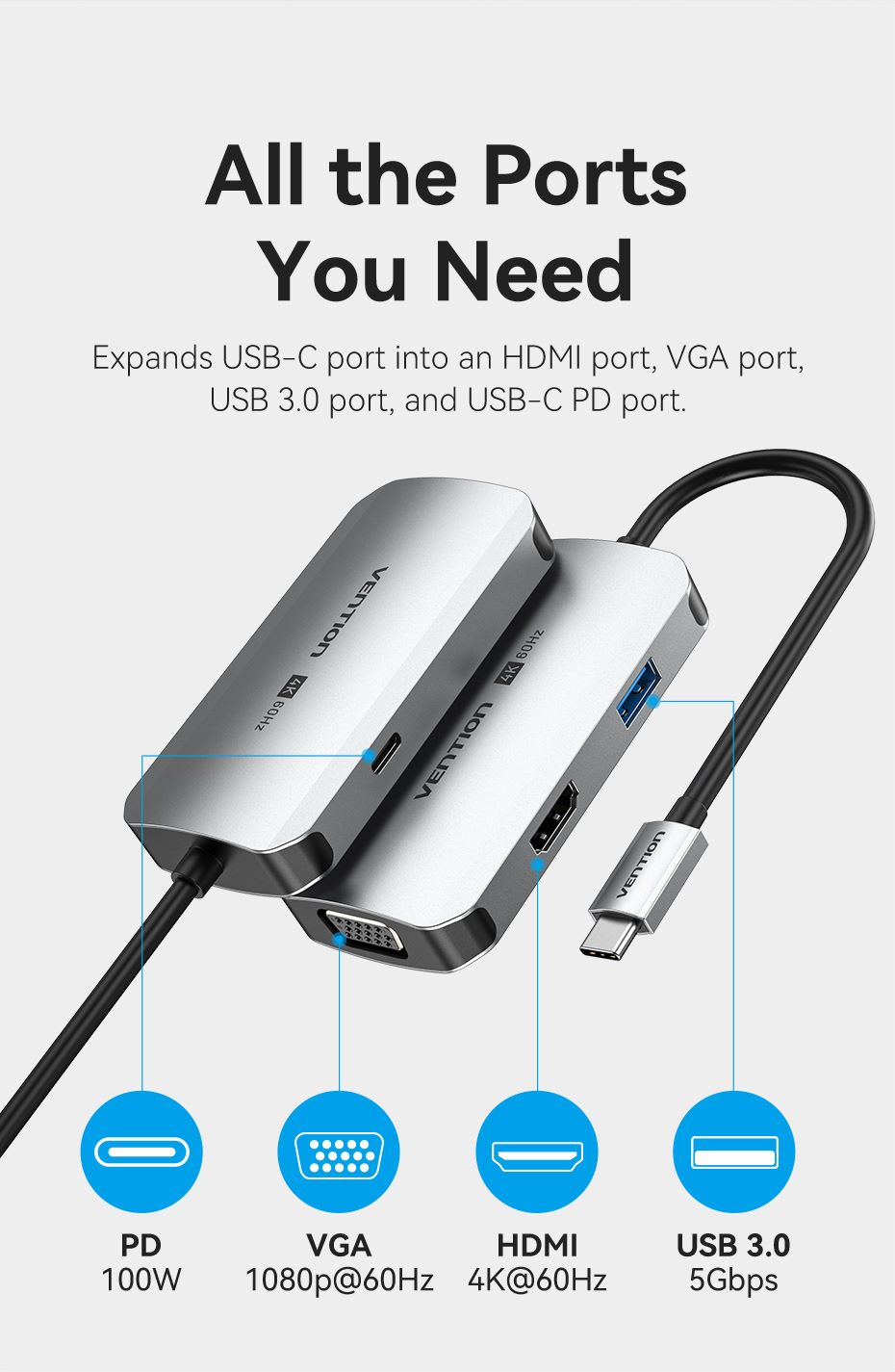 USB-C to HDMI/VGA/USB 3.0/PD Docking Station 0.15M Gray Aluminum Alloy Type