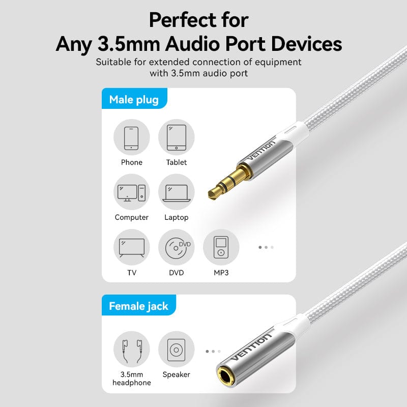 Cotton Braided 3.5mm Male to 3.5mm Female Audio Extension Cable  Silver Aluminum Alloy Type