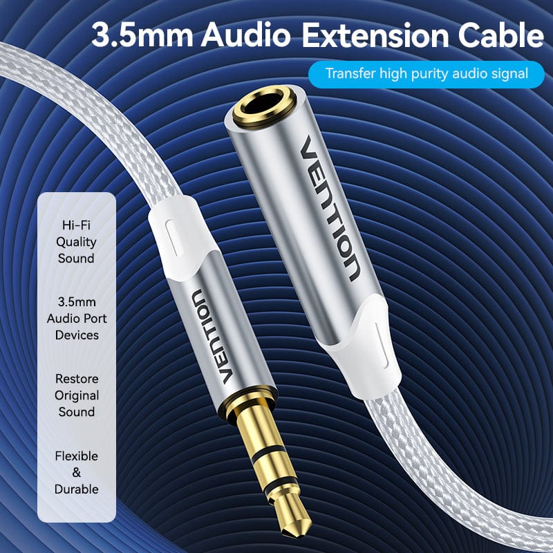 Cotton Braided 3.5mm Male to 3.5mm Female Audio Extension Cable  Silver Aluminum Alloy Type