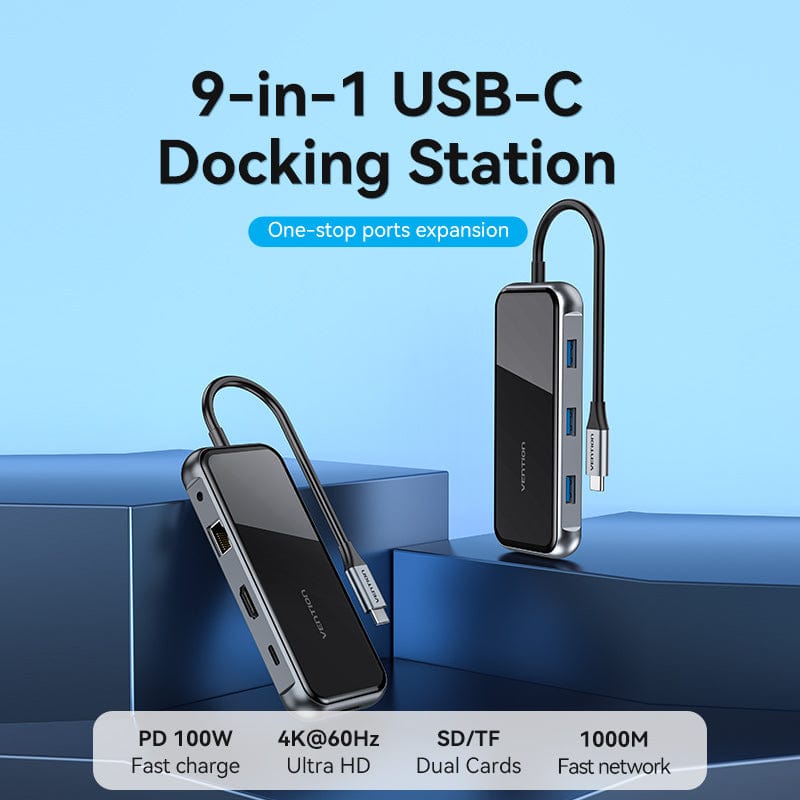 USB-C to HDMI/USB 3.0x3/RJ45/SD/TF/TRRS 3.5mm/PD Docking Station 0.15M Gray Mirrored Surface Type