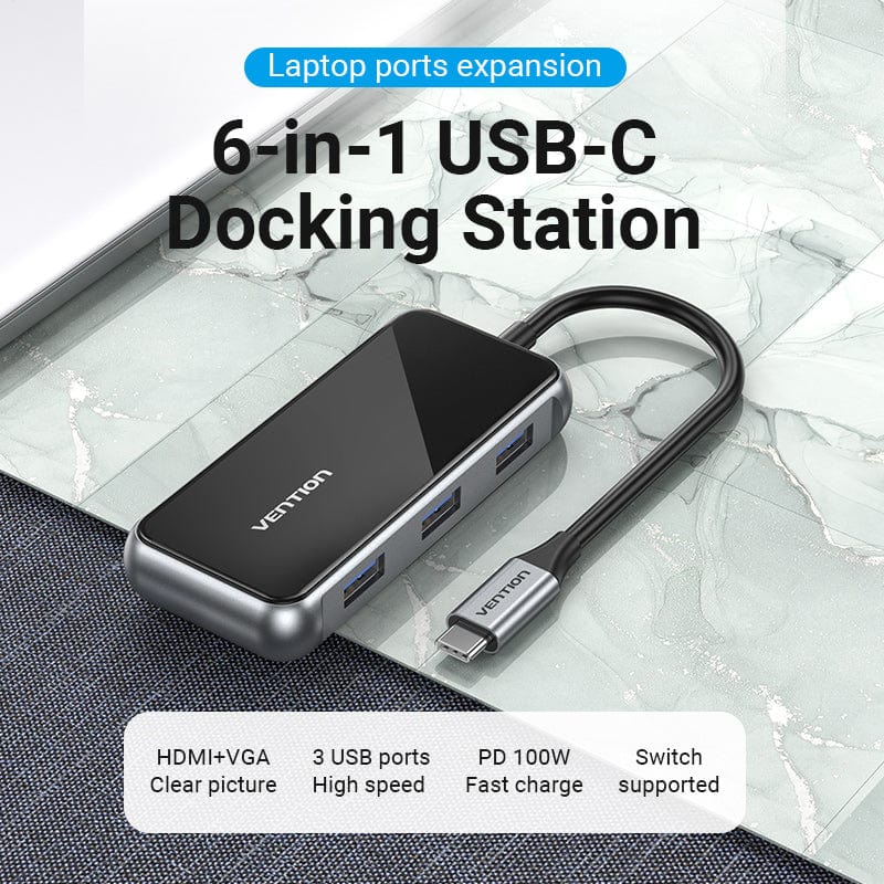 USB-C to HDMI/VGA/USB 3.0x3/PD Docking Station 0.15M Gray Mirrored Surface Type