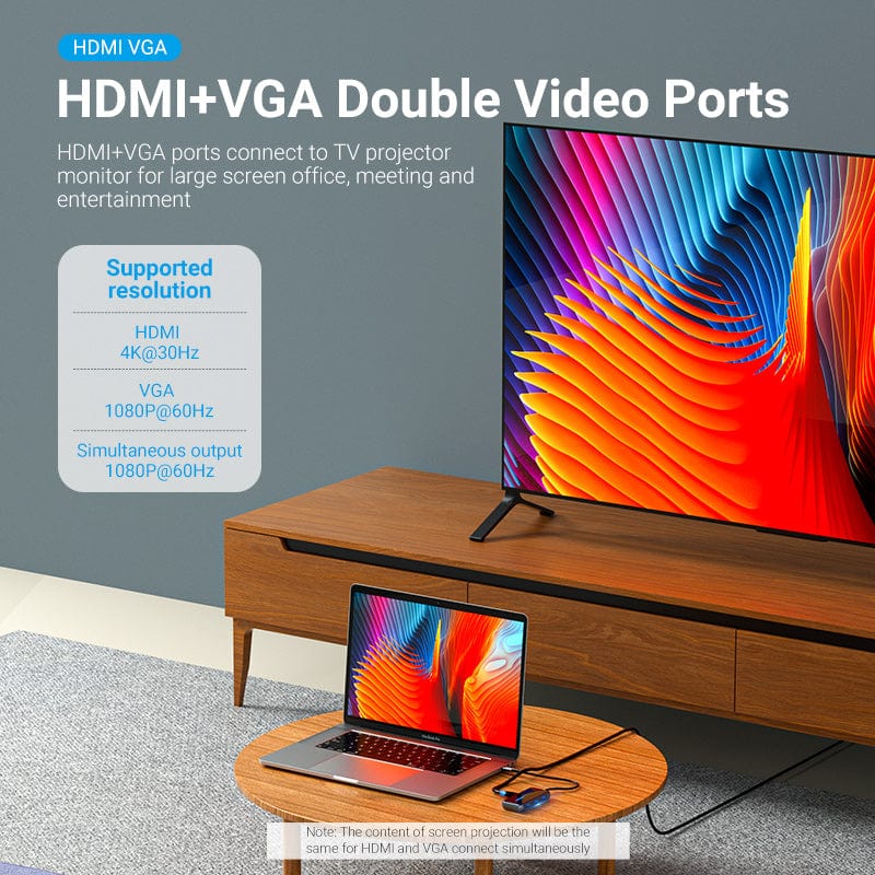 USB-C to HDMI/VGA/USB 3.0x3/PD Docking Station 0.15M Gray Mirrored Surface Type