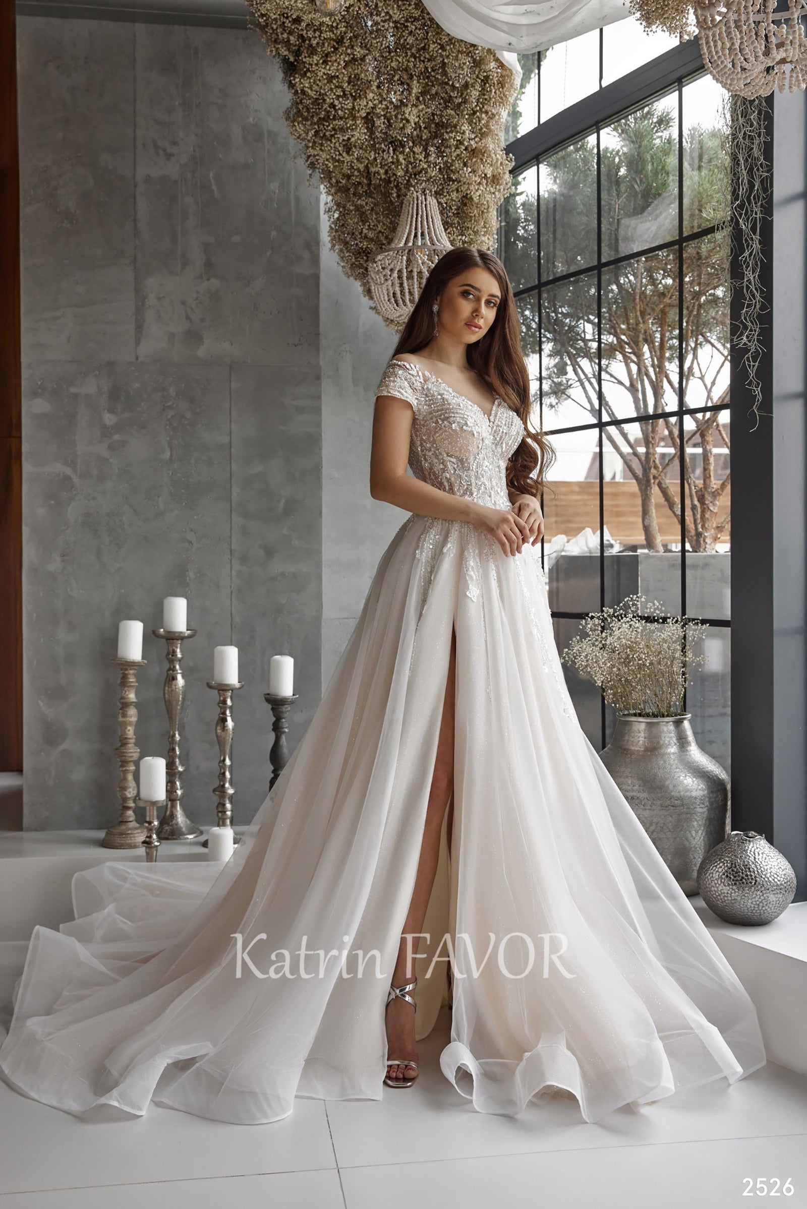A-line tulle wedding gown with high slit