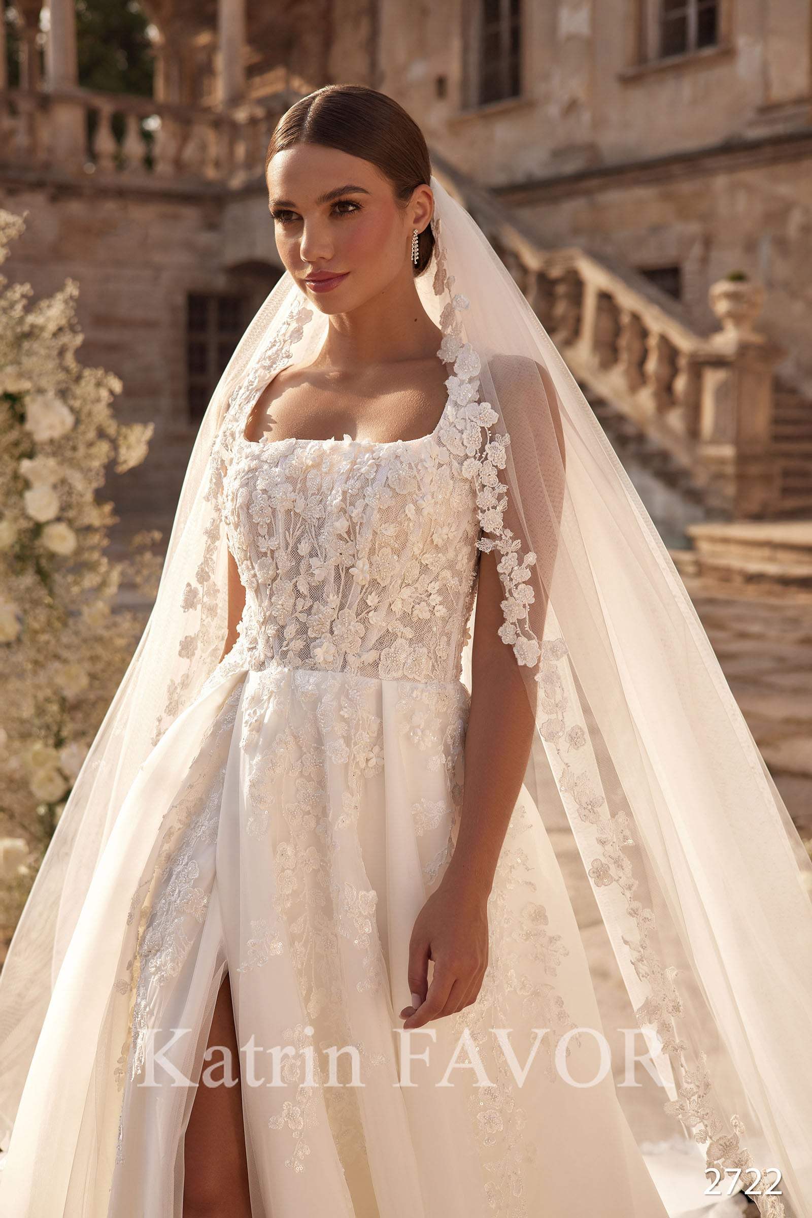 Square neck floral embroidered tulle wedding dress
