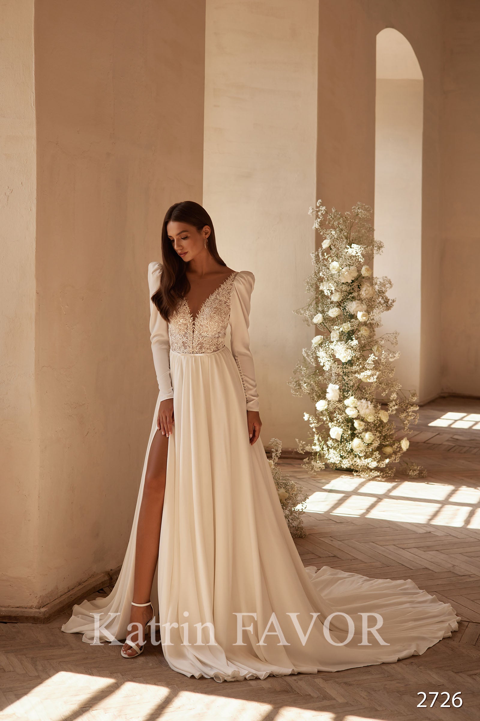 Long sleeve chiffon wedding dress