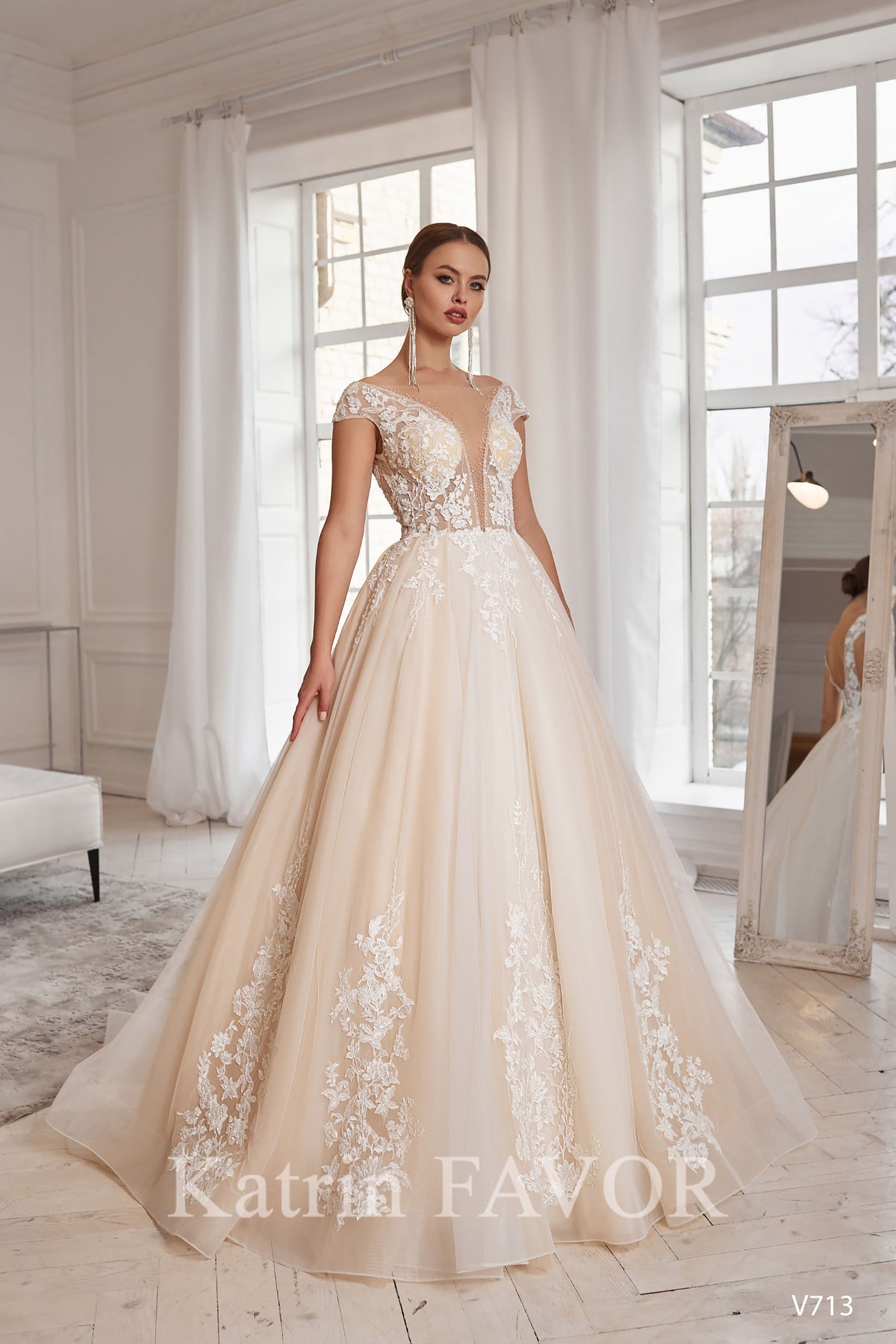 Blush tulle embroidered wedding gown