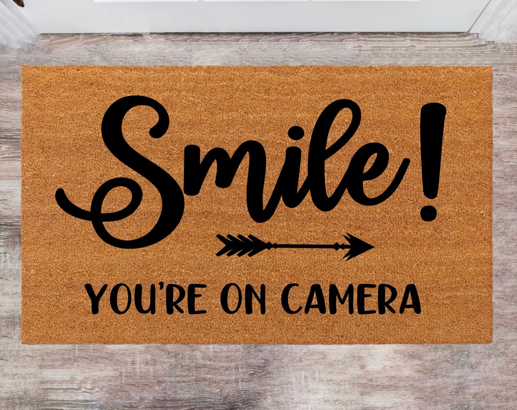 Smile you are on Camera, Monogram Rug, Closing Gift, Funny House Warming Gift, Wedding Gift, New Home Decoration