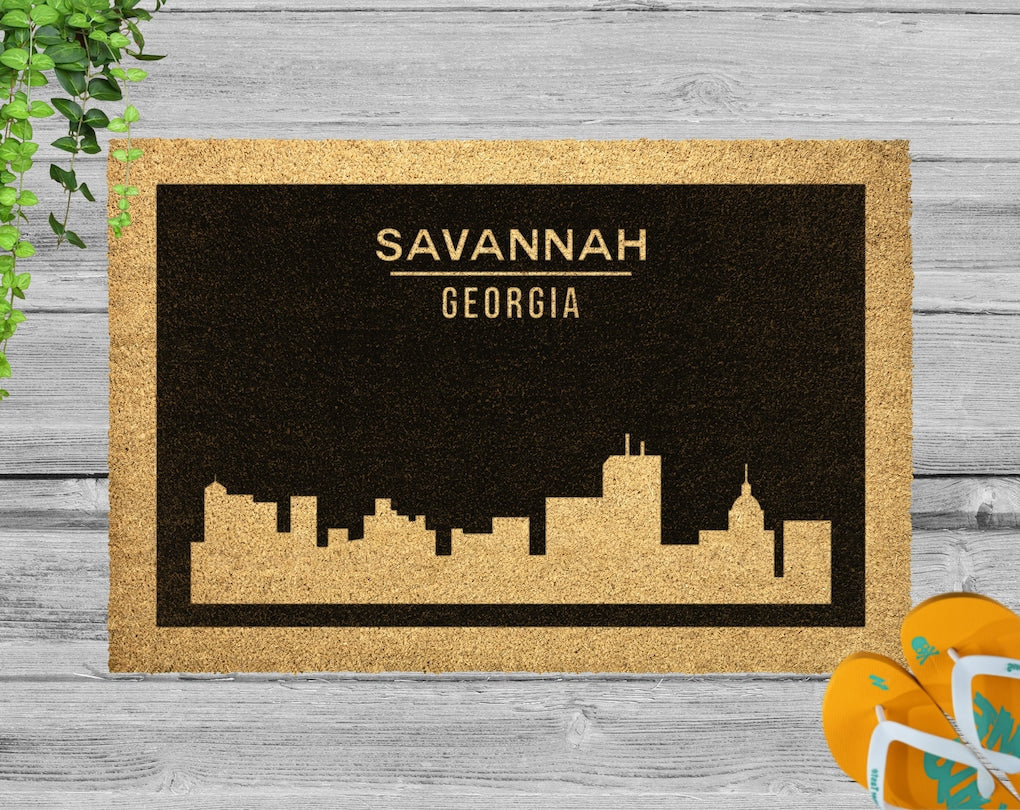 Savannah, City Skyline Doormat, Indoor and Outdoor Doormat, Coir Doormat, Small to Large Size, Housewarming Gift, Cityscape Theme