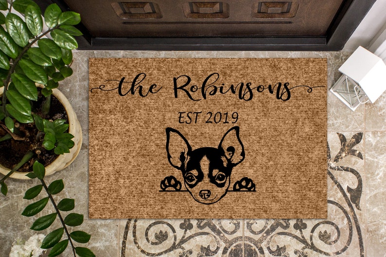 Chihuahua Puppy Dog, Personalized Doormat, Custom Doormat, Welcome Mat, Housewarming Gift, Last Name Door Mat