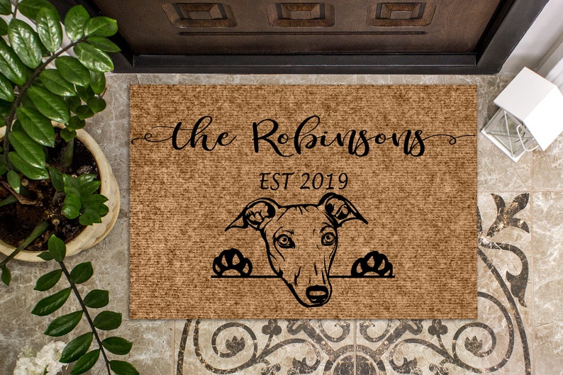 Greyhound Dog, Personalized Doormat, Custom Doormat, Welcome Mat, Housewarming Gift, Last Name Door Mat, Grey Hound