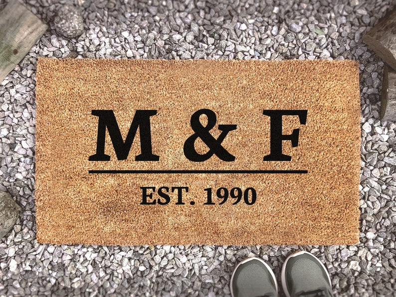 Personalized Bold Underlined Initials and Est. Date Serif Door Mat, Custom Coir Rug, New Home Gift, Cute Couples Gift