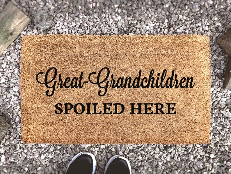 Chillever- Outdoor Mat- Great-Grandchildren Spoiled Here, Funny Grandparent Gift, Cute Family Coir Doormat